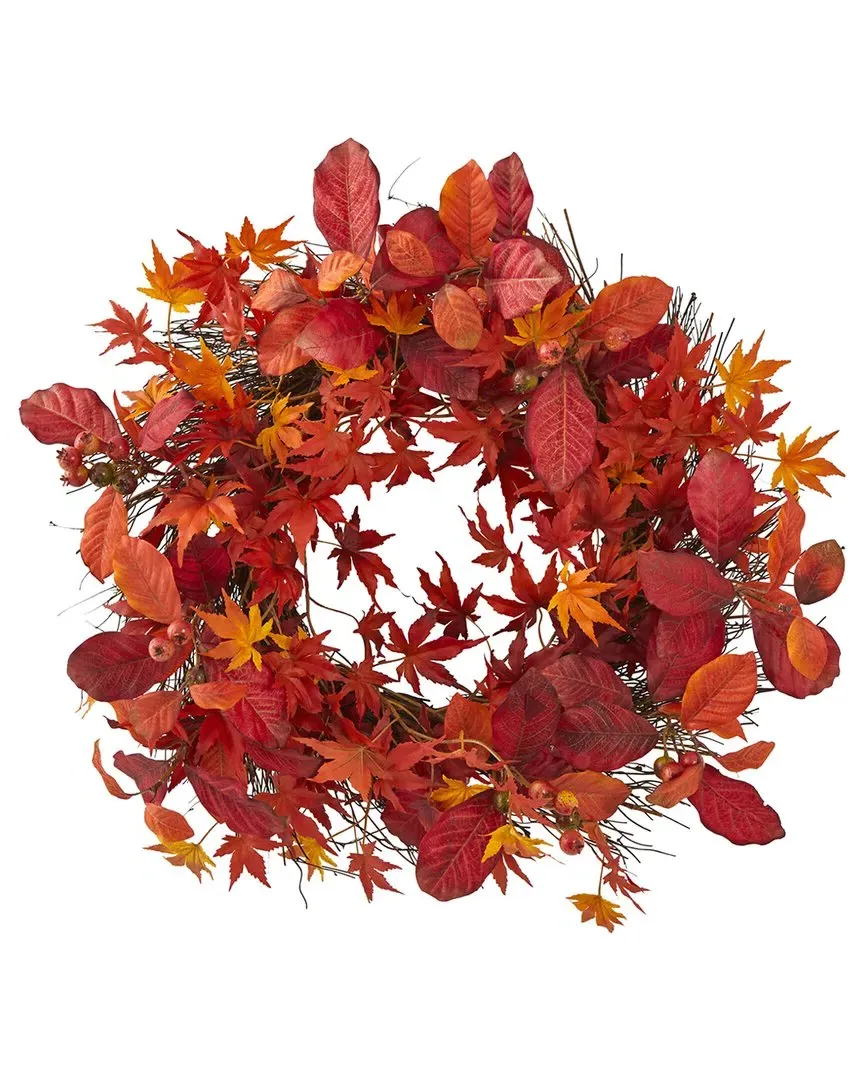 22in Japanese Maple, Magnolia Leaf & Berries Wreath - Red