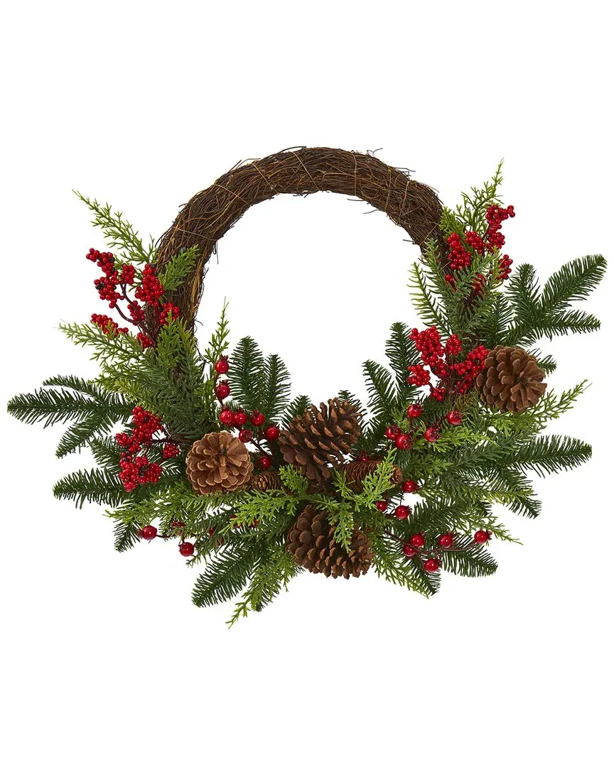 22in Mixed Pine And Cedar Wreath With Berries - Green image
