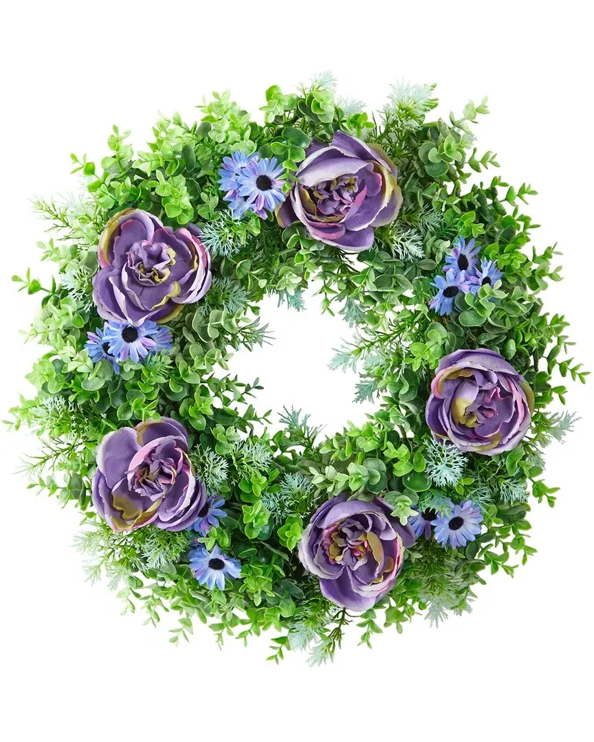 22in Purple Rose Blue Daisy Artificial Wreath - Purple image