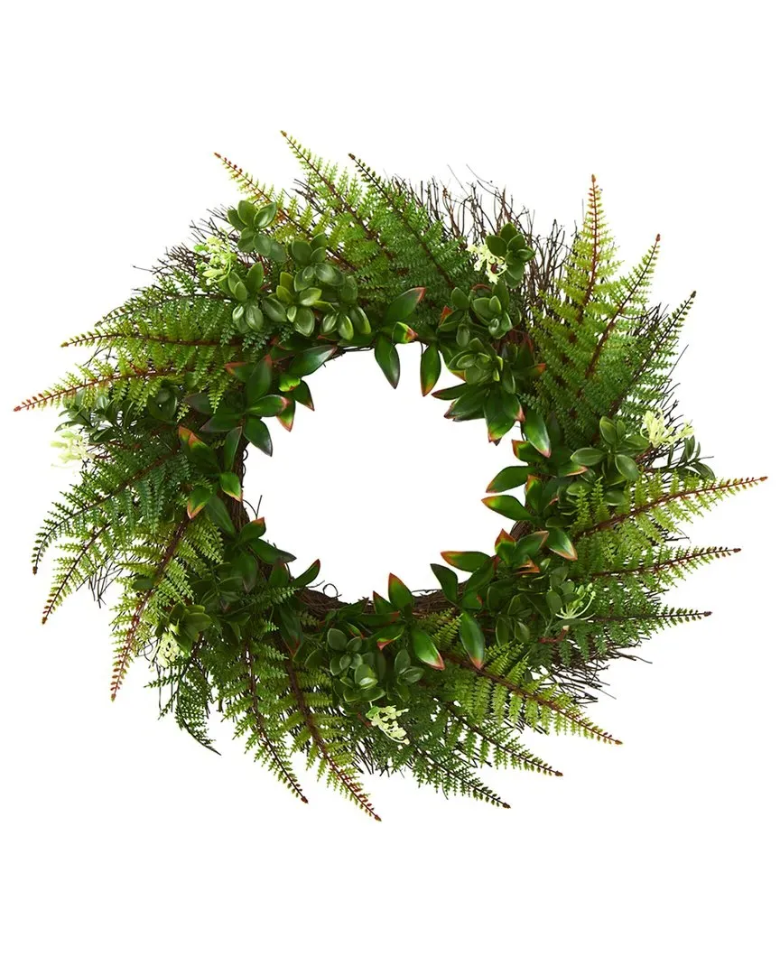 23in Assorted Fern Wreath UV Resistant - Green image