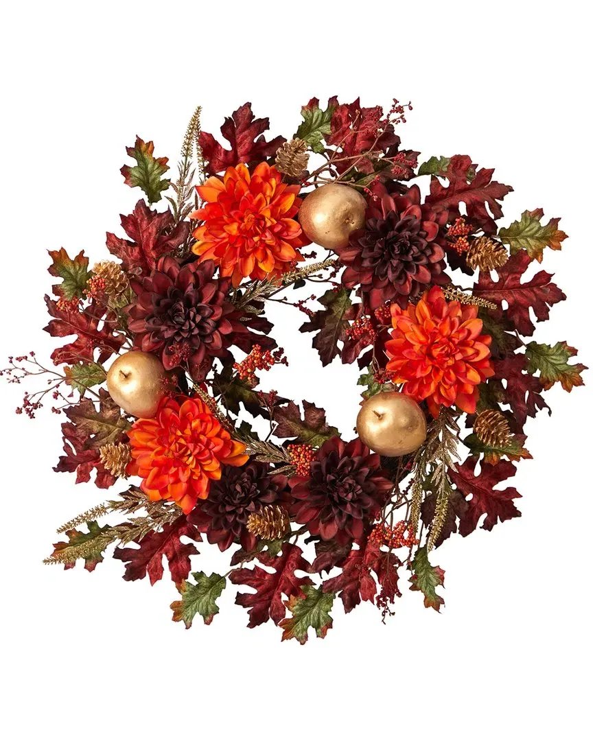 24in Fall Dahlia Apple Oak Leaf Artificial Wreath - Orange image