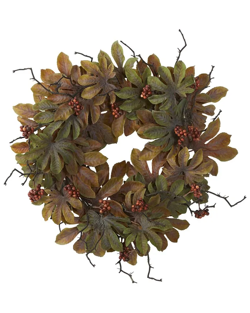 24in Fatsia with Berries Autumn Artificial Wreath - Green image