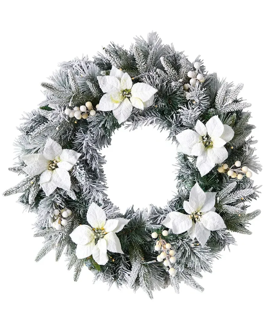 24in Flocked Poinsettia And Pine Christmas Wreath with LED Lights