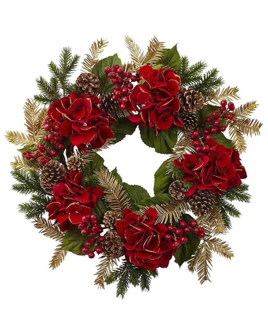 24in Hydrangea Pine Wreath - Red