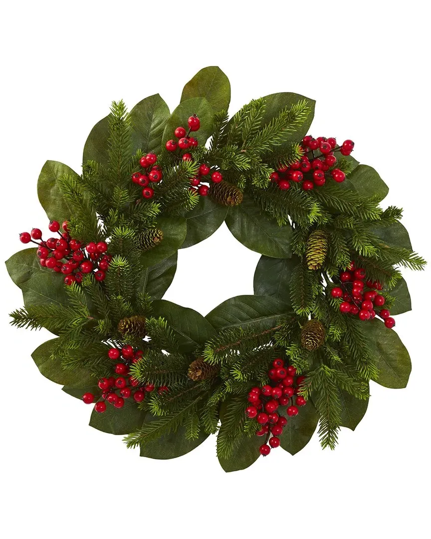 24in Magnolia Leaf, Berry & Pine Artificial Wreath - Green
