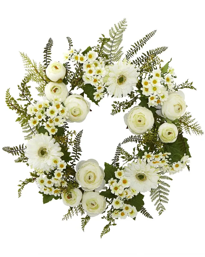 24in Mixed Daisies & Ranunculus Wreath - White