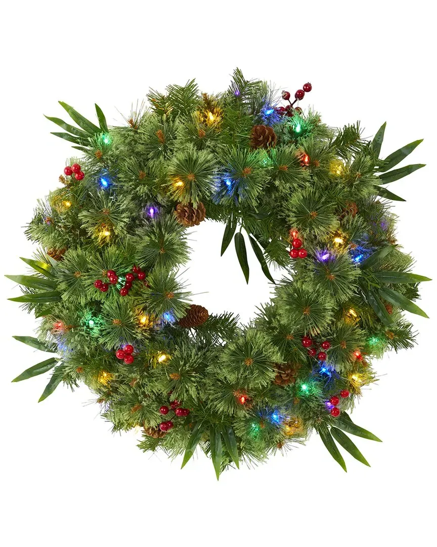 24in Mixed Pine Christmas Wreath with LED Lights - Green