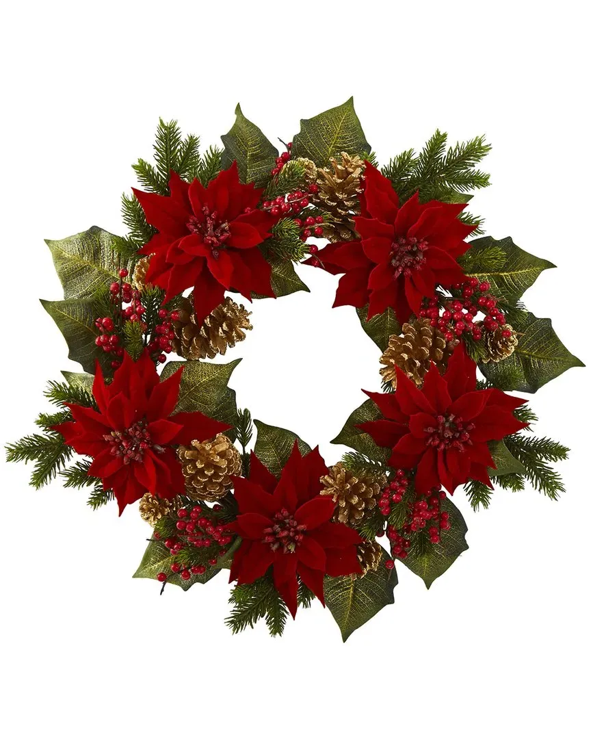 24in Poinsettia Berry & Golden Pinecone Wreath - Red