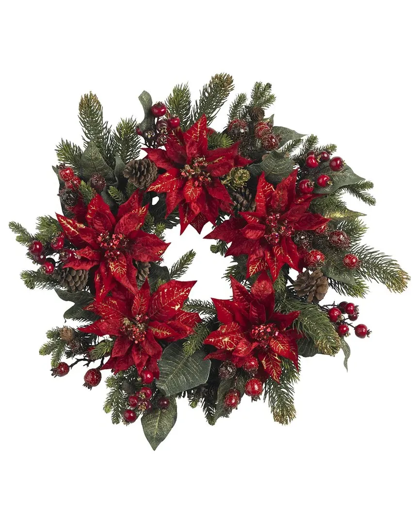 24in Poinsettia & Berry Wreath - Red