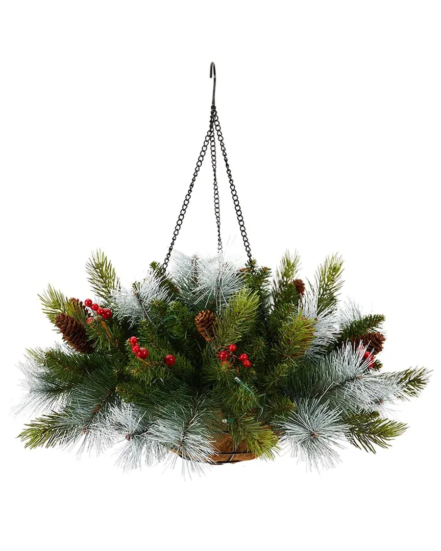 24In Pre-Lit Pine & Berry Christmas Hanging Basket - Green image
