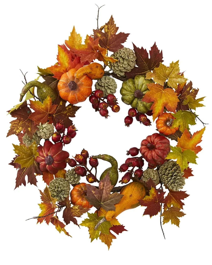 24in Pumpkin Gourd Berry Maple Leaf Wreath - Multicolor image