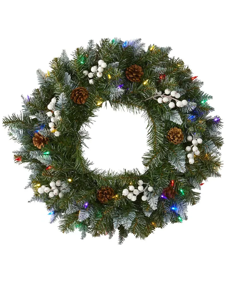 24in Snow Tipped Christmas Wreath with LED Lights - Green