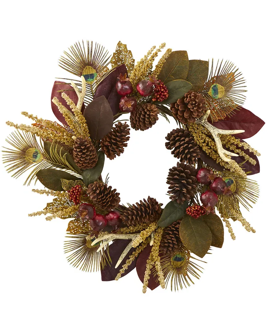 27in Leaf Berry Antler Peacock Feather Artificial Wreath image