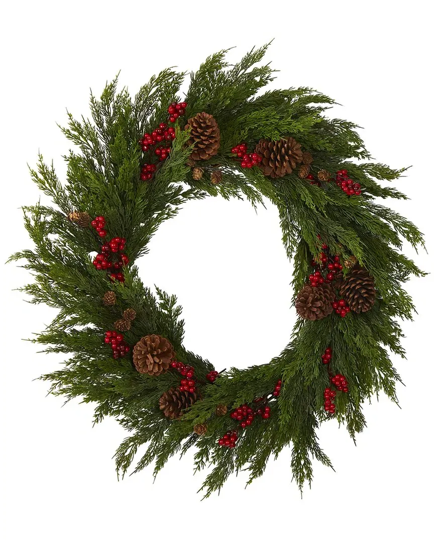 32in Cypress Artificial Wreath with Berries & Pine Cones - Green image