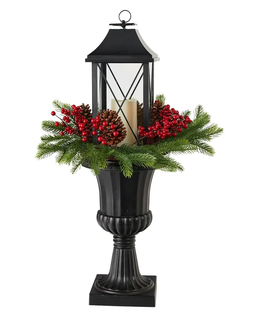 33in Metal Lantern Table Arrangement with LED Candle - Green