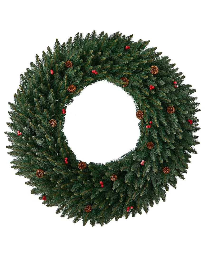 4Ft Flocked Artificial Christmas Wreath with LED Lights - Green image