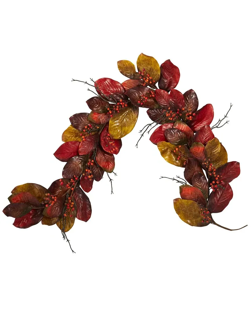 6ft Autumn Magnolia Leaf Artificial Garland with Berries - Orange