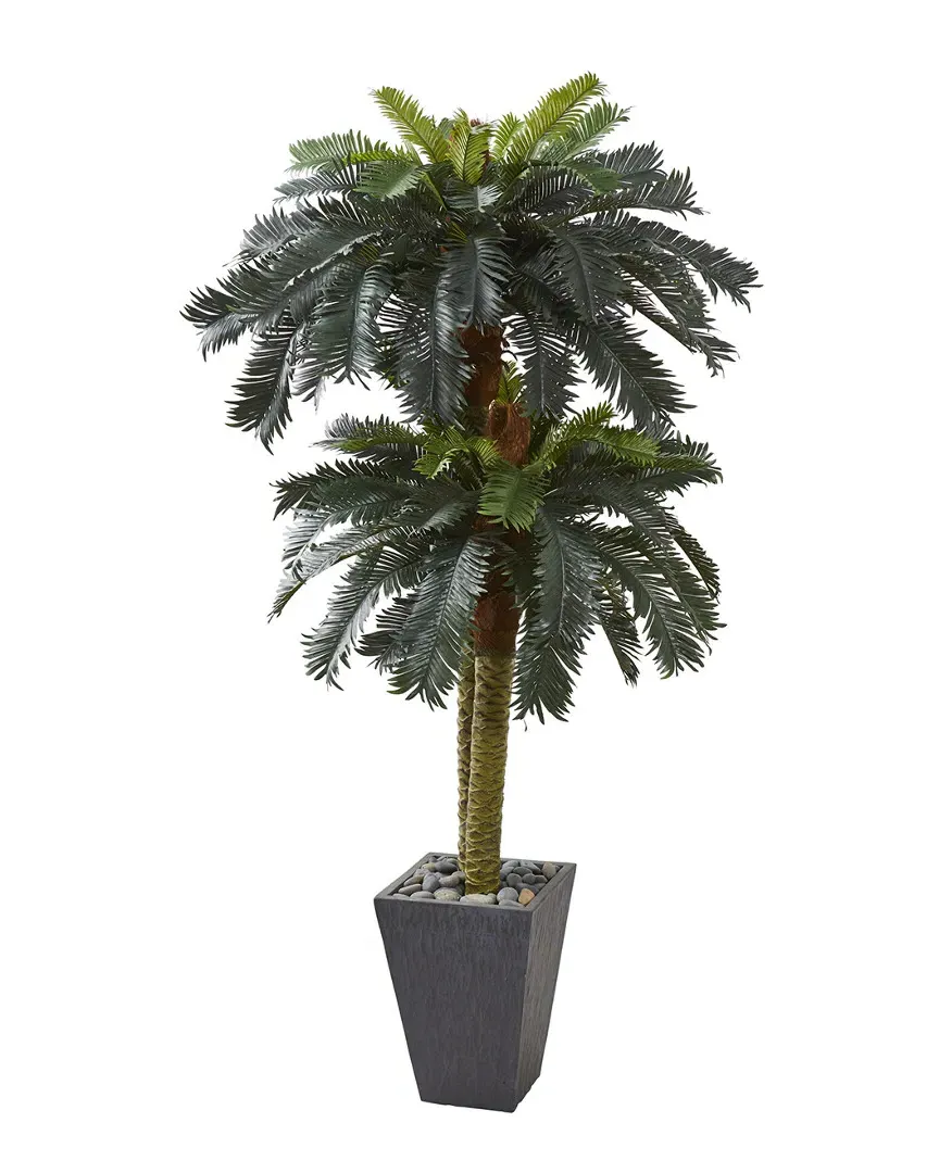 6ft Double Sago Palm Artificial Tree - Grey Slate Planter image
