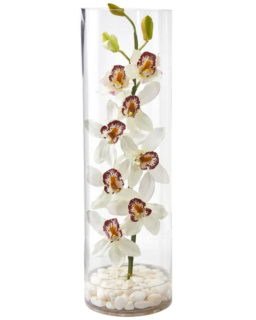 Cymbidium Orchid Artificial Arrangement in Tall Cylinder Vase - White image