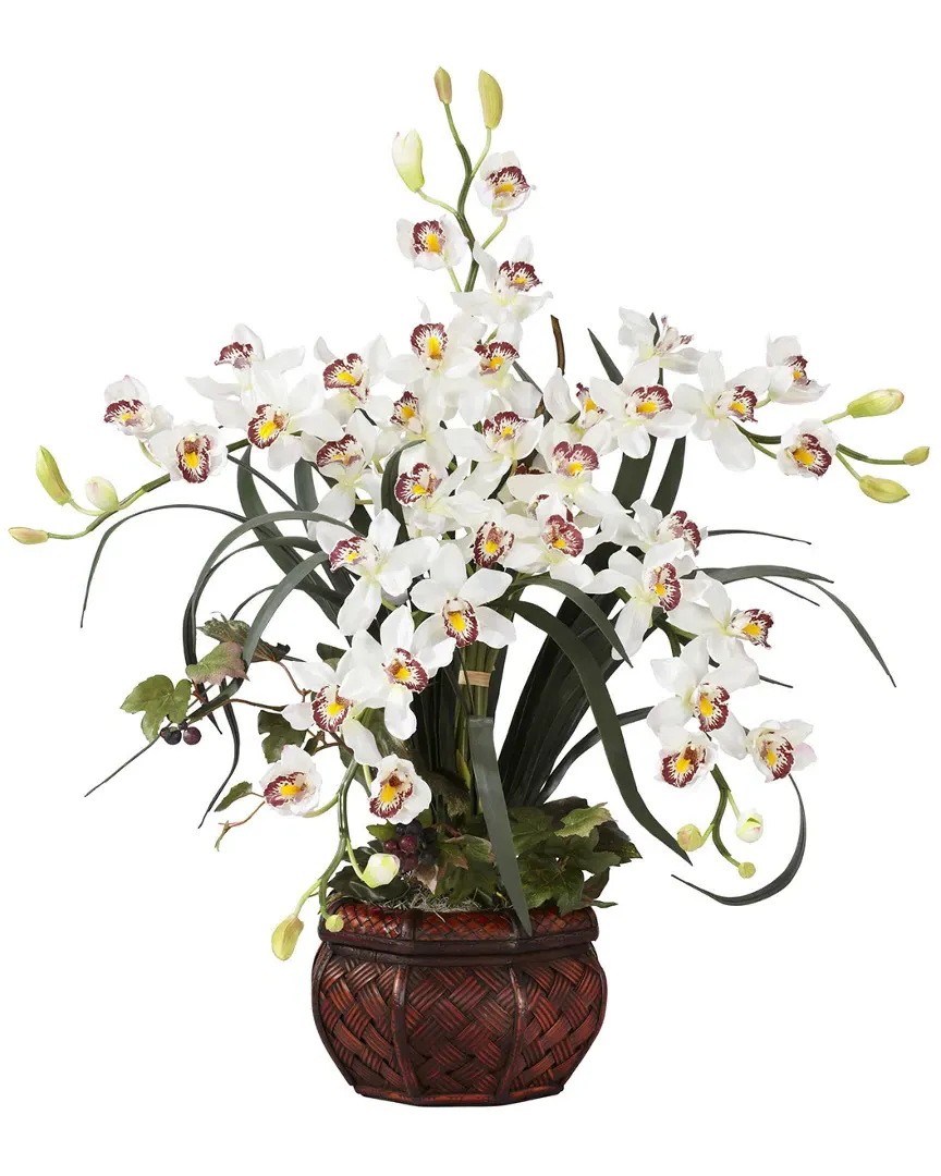 Cymbidium Silk Arrangement with Decorative Vase - White image