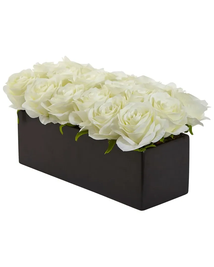 Dozen Silk Roses in Rectangular Planter - White, Ceramic image