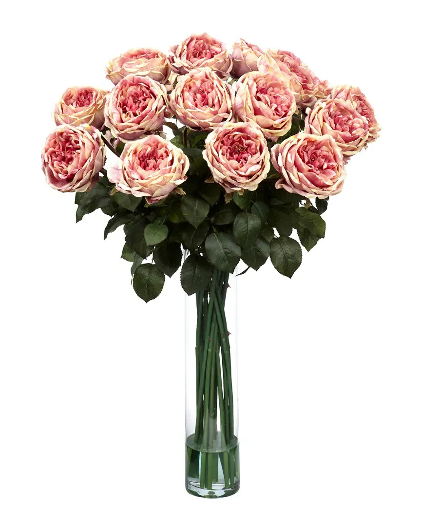 Fancy Rose Silk Flower Arrangement with Clear Vase