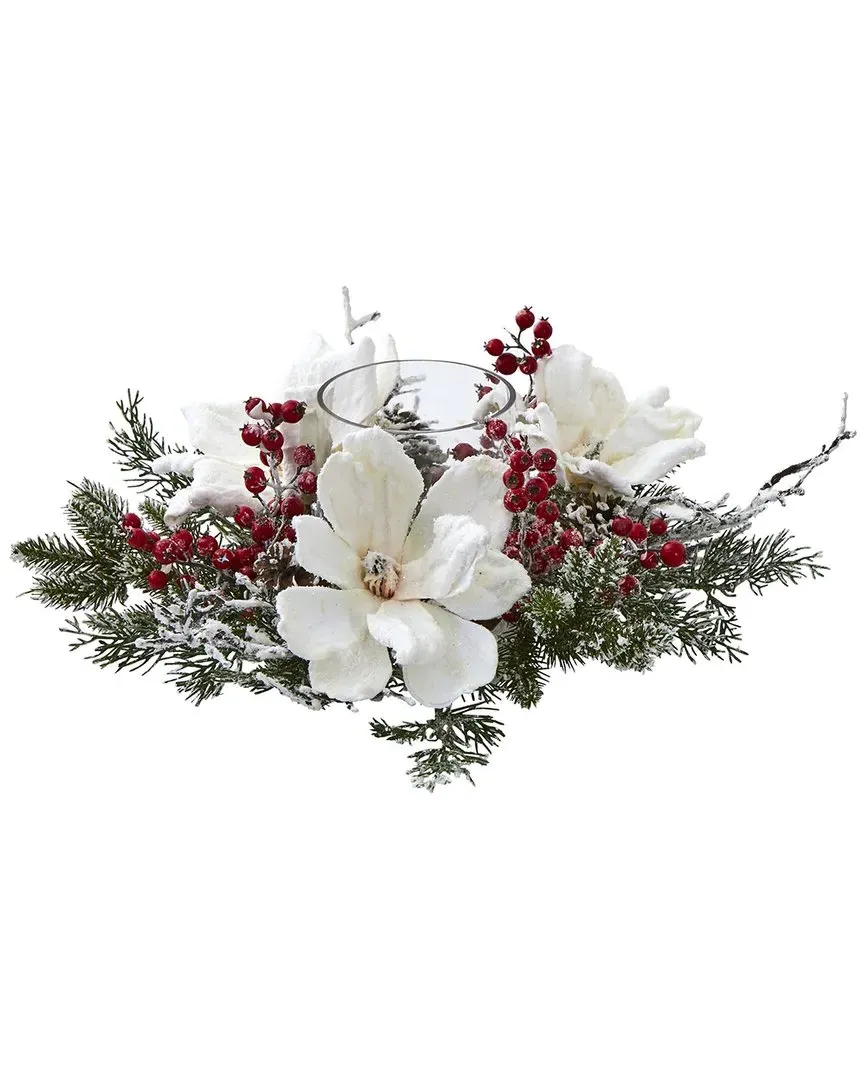 Frosted Magnolia Berry Artificial Arrangement Candelabrum - White