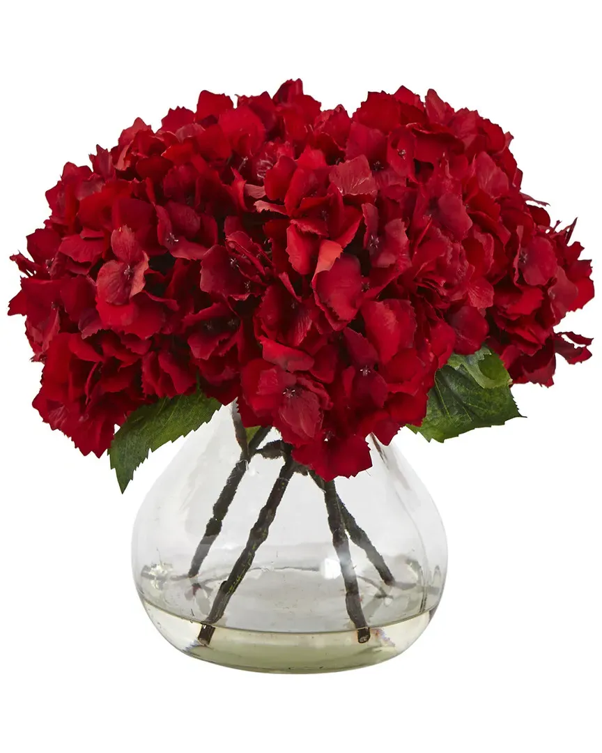 H Red Hydrangea Silk Flower Arrangement with Glass Vase - Red