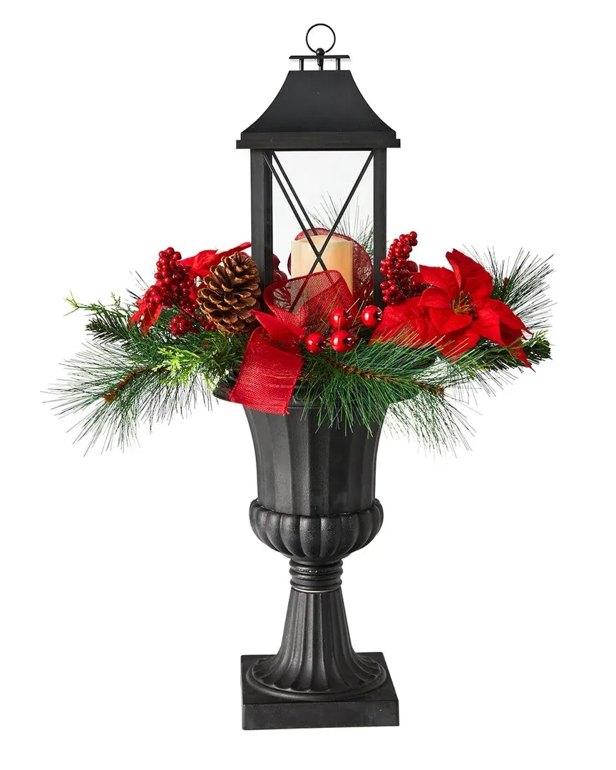 Holiday Christmas Berries Poinsettia Large Lantern Set - Green