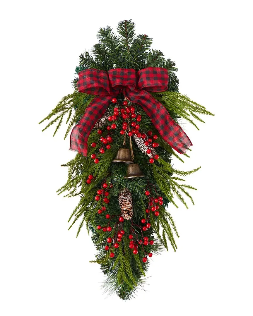 Holiday Christmas Pine Cones Berry Bells Swag - Green