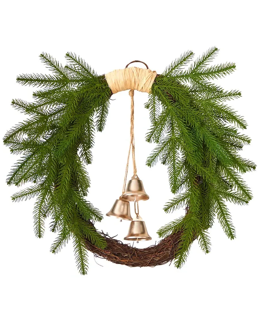 Holiday Christmas Pine Hanging Bells Wreath - Green