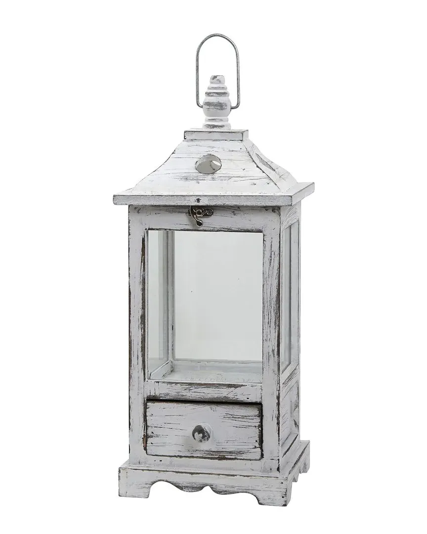 Nearly Natural Distressed Wooden Lantern with Drawer - White image