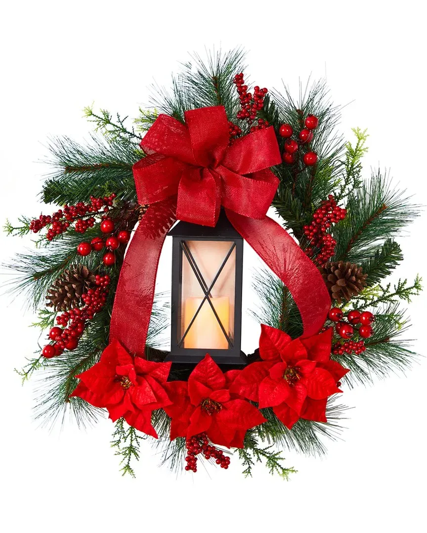 Poinsettia and Berry Holiday Lantern Christmas Wreath with LED Candle - Red image
