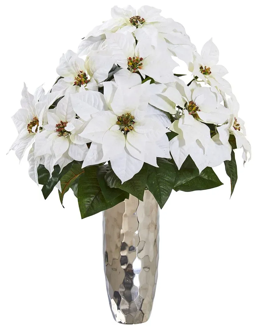 Poinsettia Arrangement in Silver Cylinder Vase - White
