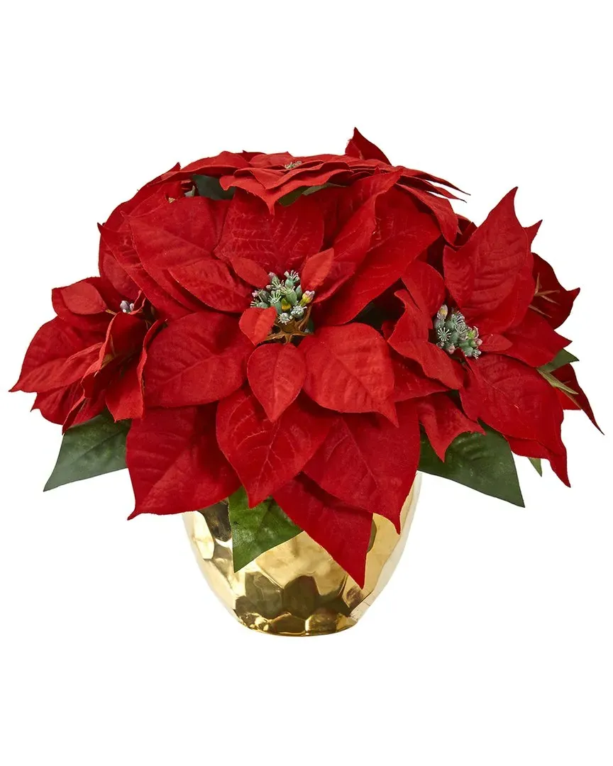 Poinsettia Artificial Arrangement in Golden Vase - Red