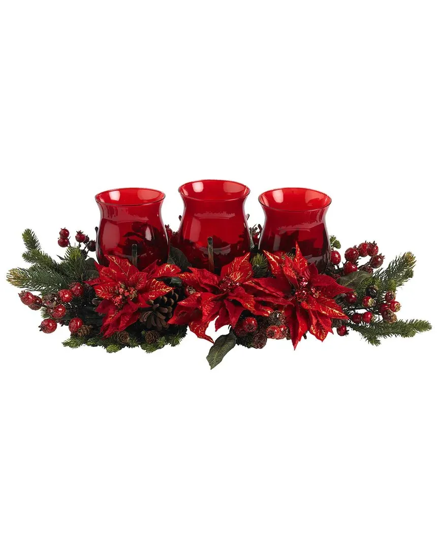 Poinsettia & Berry Triple Candelabrum - Red