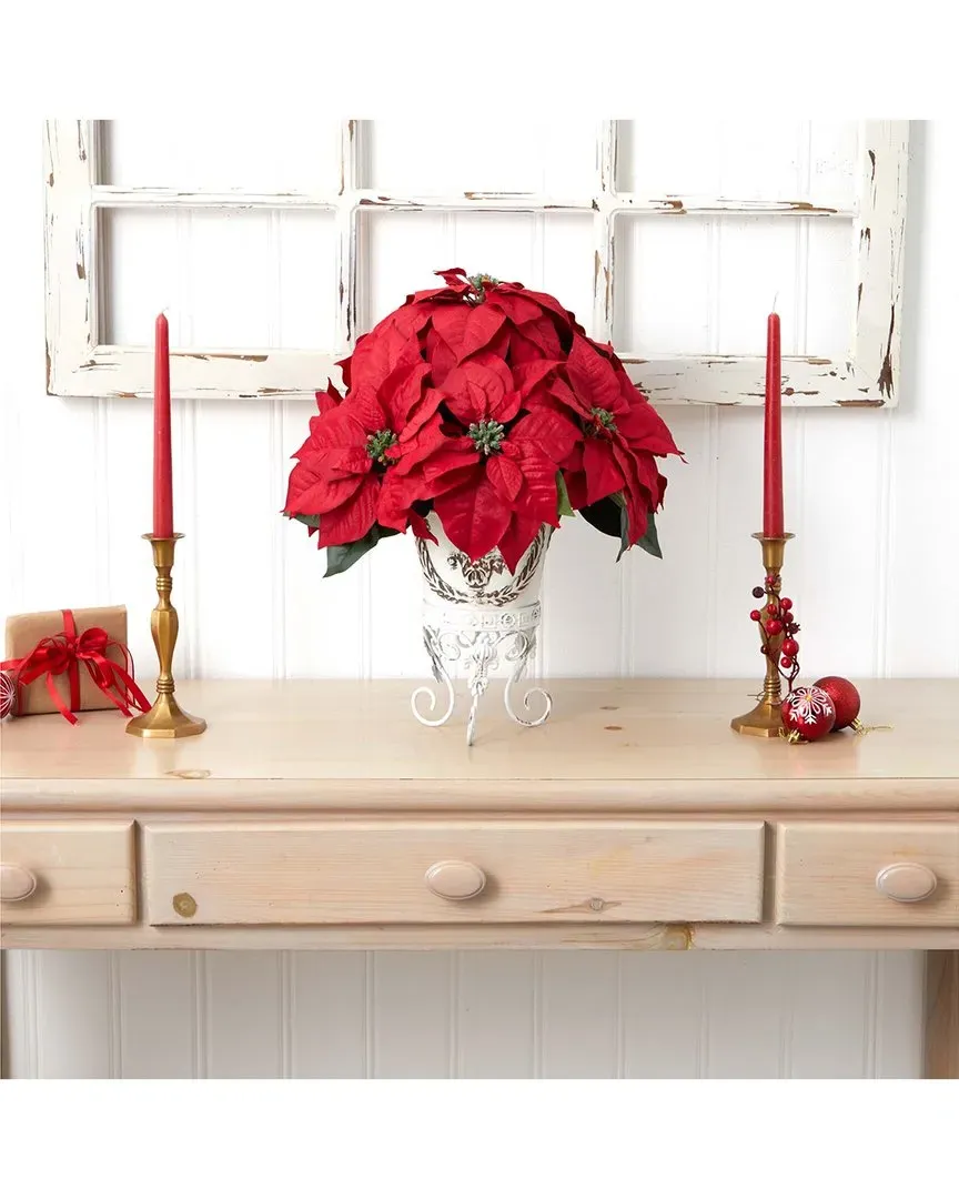 Poinsettia Silk Flower with Metal Planter - Red