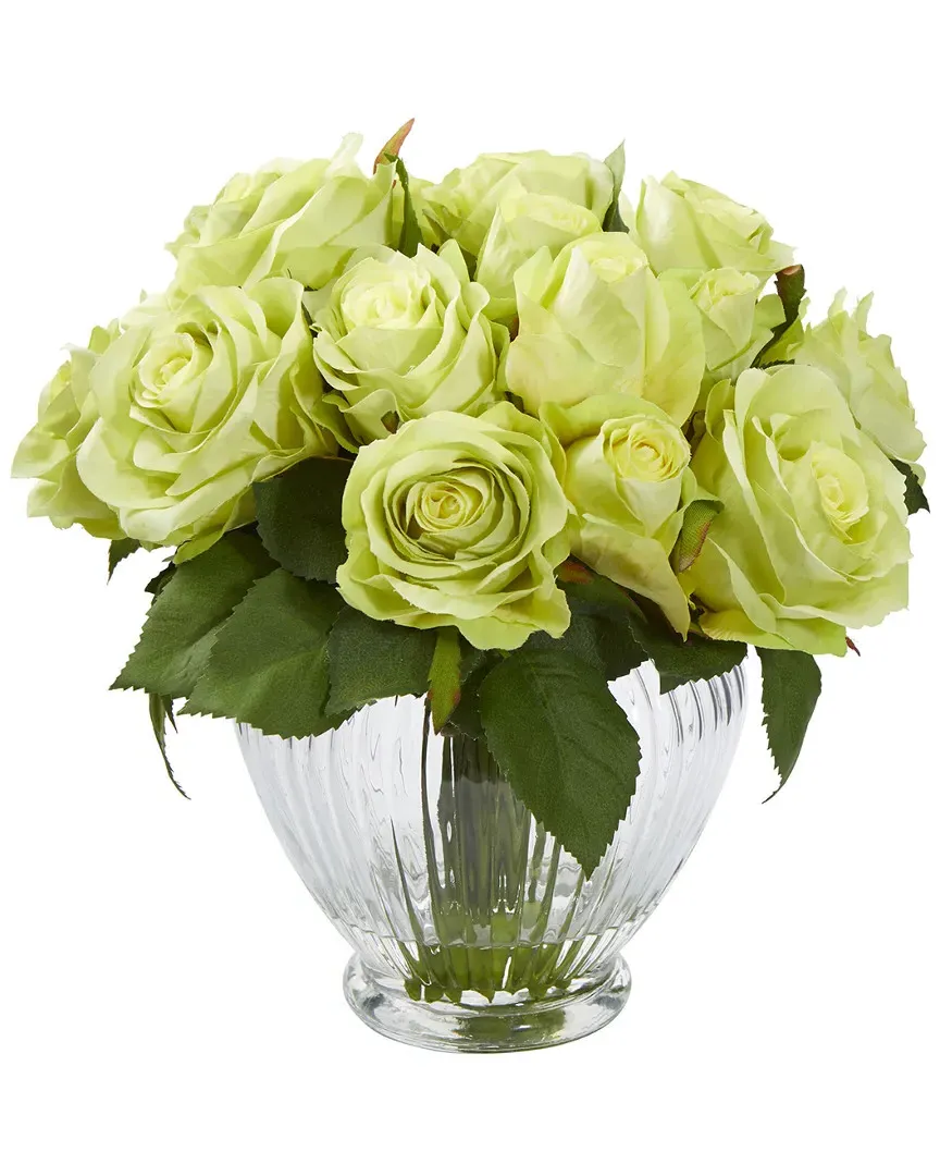 Rose Artificial Floral Arrangement in Glass Vase - Green image