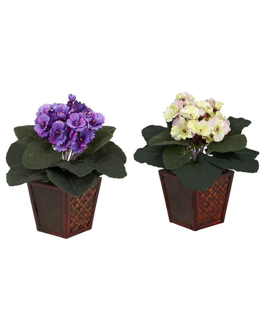 Set of 2 African Violet Silk Plants with Vase - Purple image