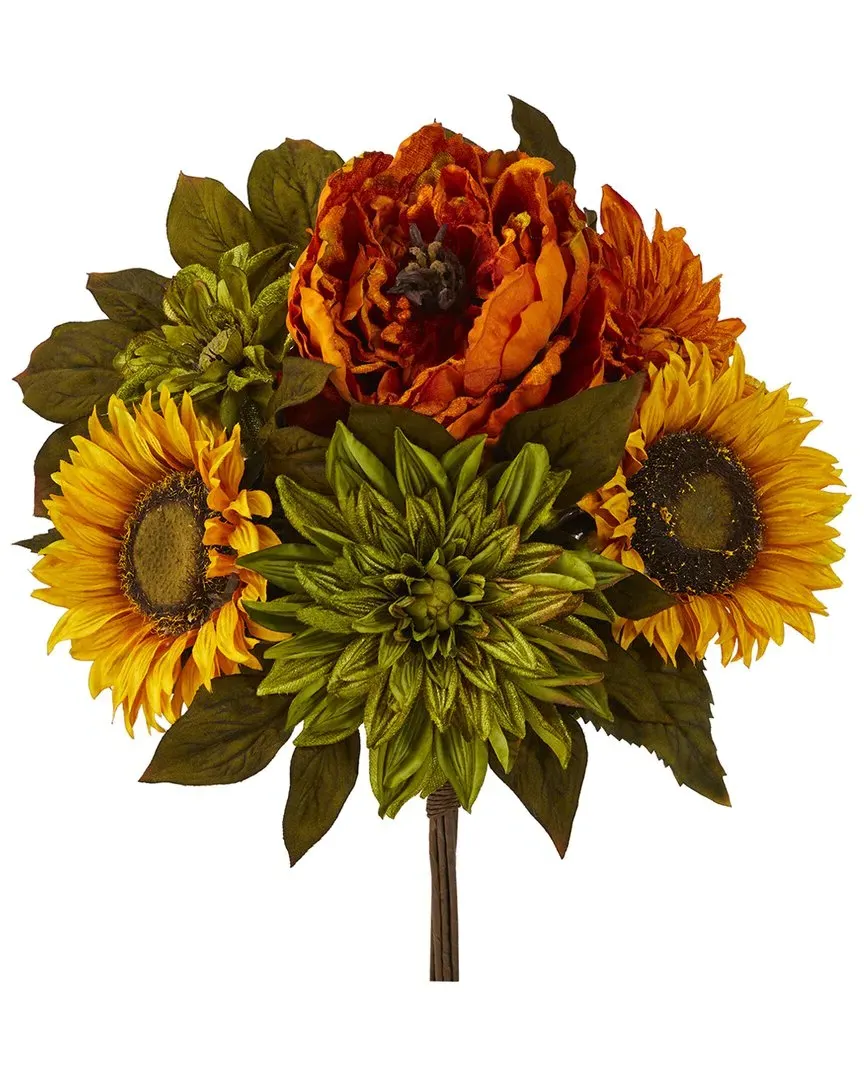 Set of Two 16in Peony Dahlia Sunflower Bouquets - Orange image