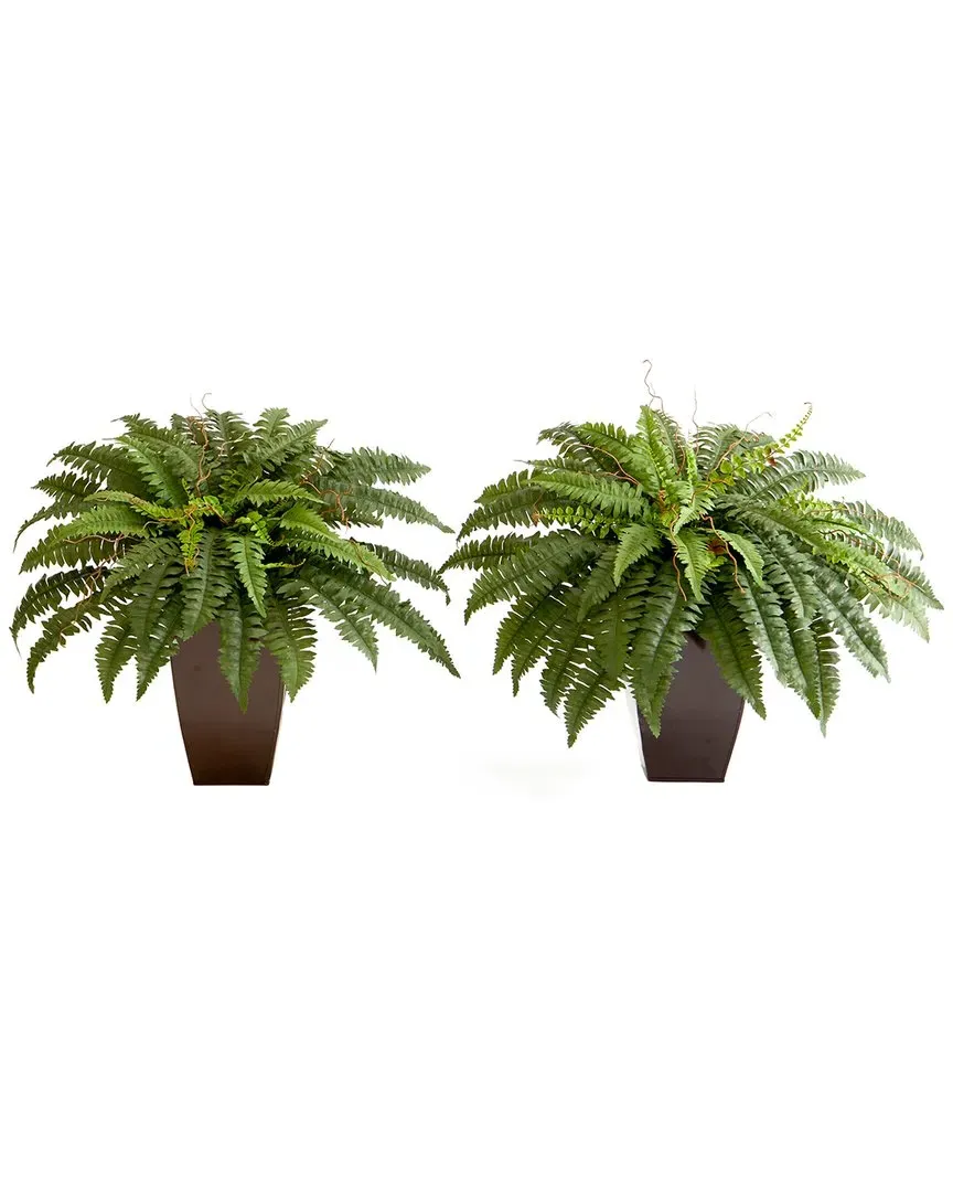 Set of Two 23in Artificial Boston Fern Plants with Square Metal Planter DIY Kit - Green