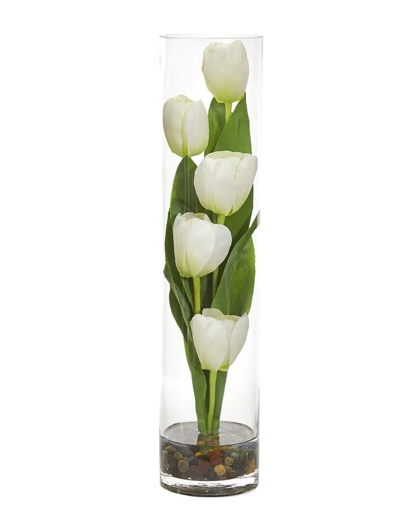 Tulips Artificial Arrangement in Cylinder Vase - White image