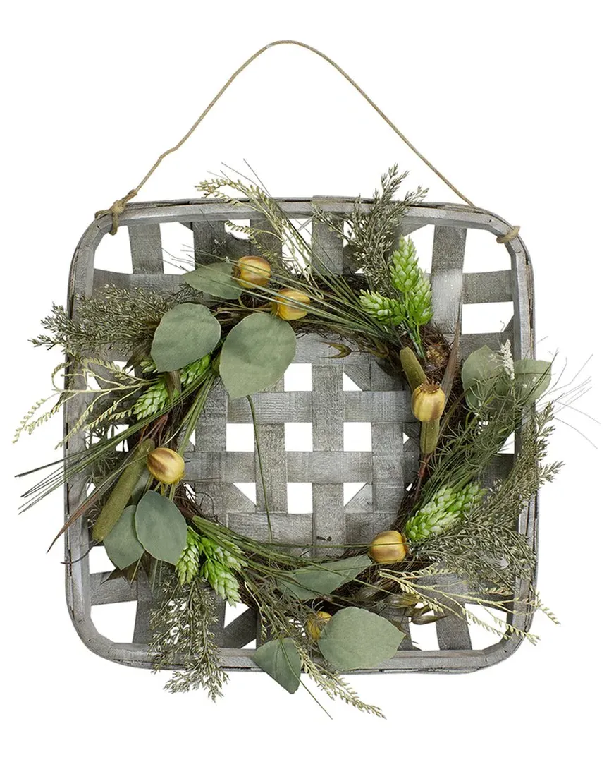 16in Fall Harvest Hop & Cattail Grapevine Wreath - Green image