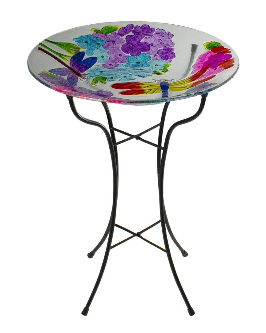 18in Dragonflies Hand Painted Glass Outdoor Birdbath - White