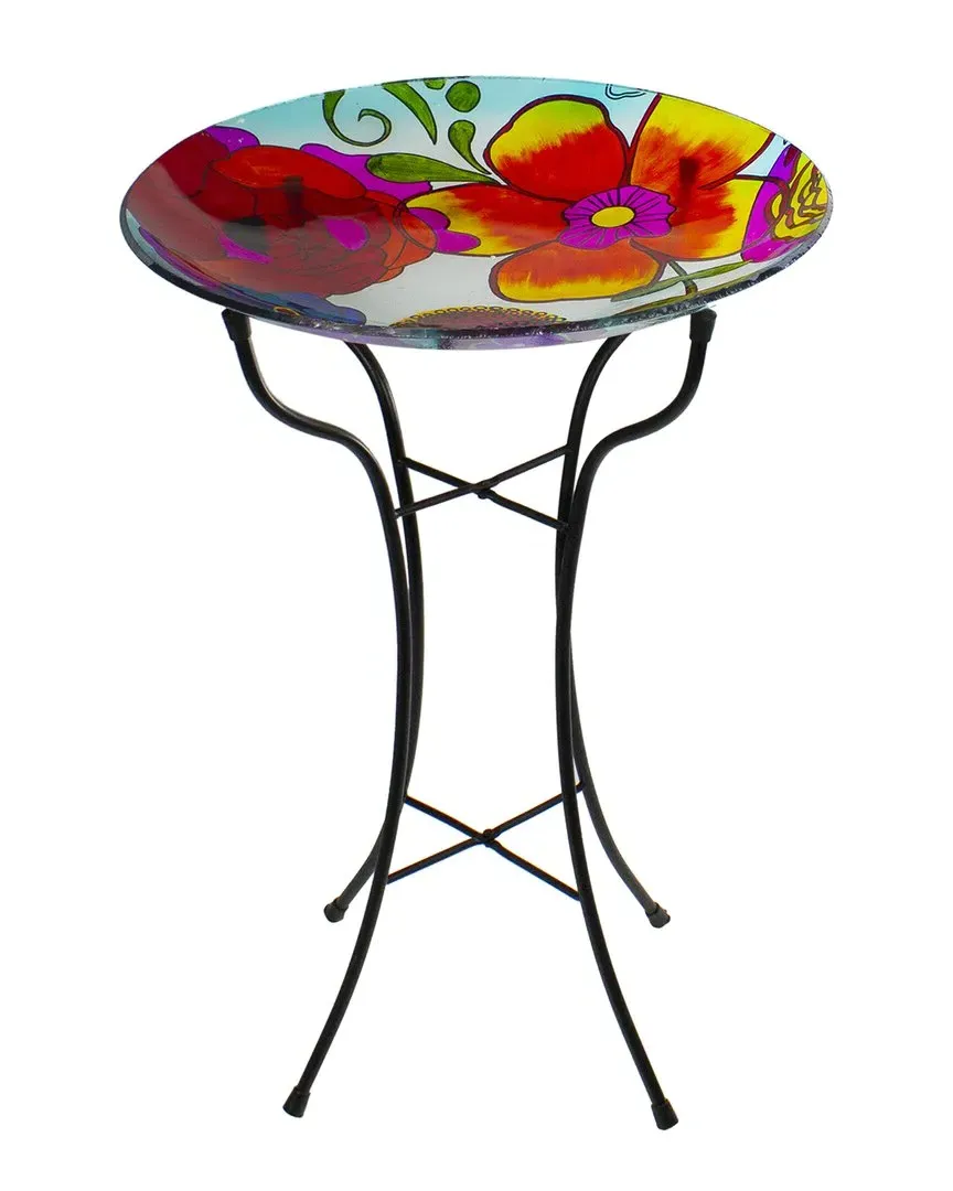 18in Hand Painted Glass Floral Outdoor Birdbath - Multicolor image