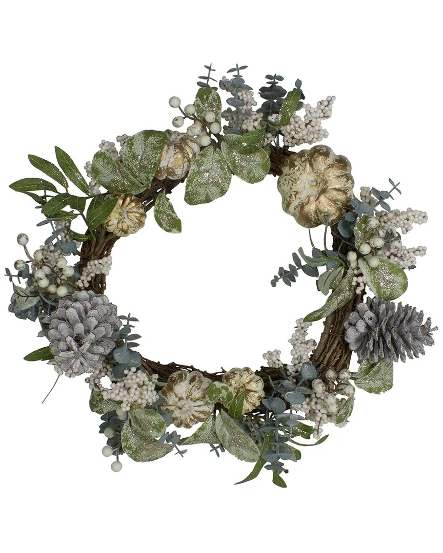 18in Pumpkin & Pine Cone Wreath - White