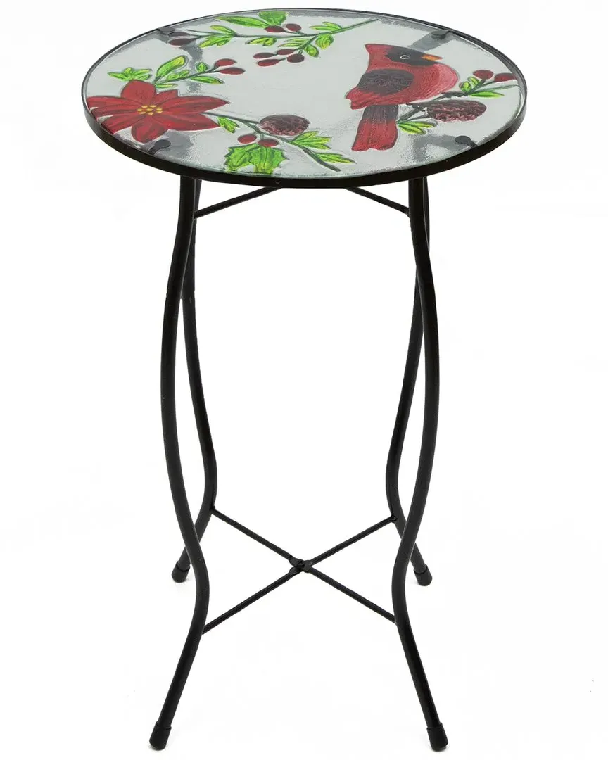 19in Cardinal & Pine Cone Glass Patio Side Table - Red image