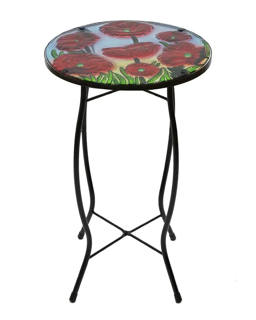 19in Floral Poppies Glass Patio Side Table - Red