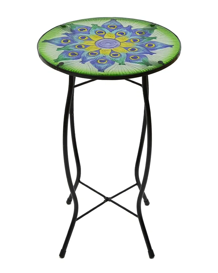 19in Peacock Glass Patio Side Table - Green