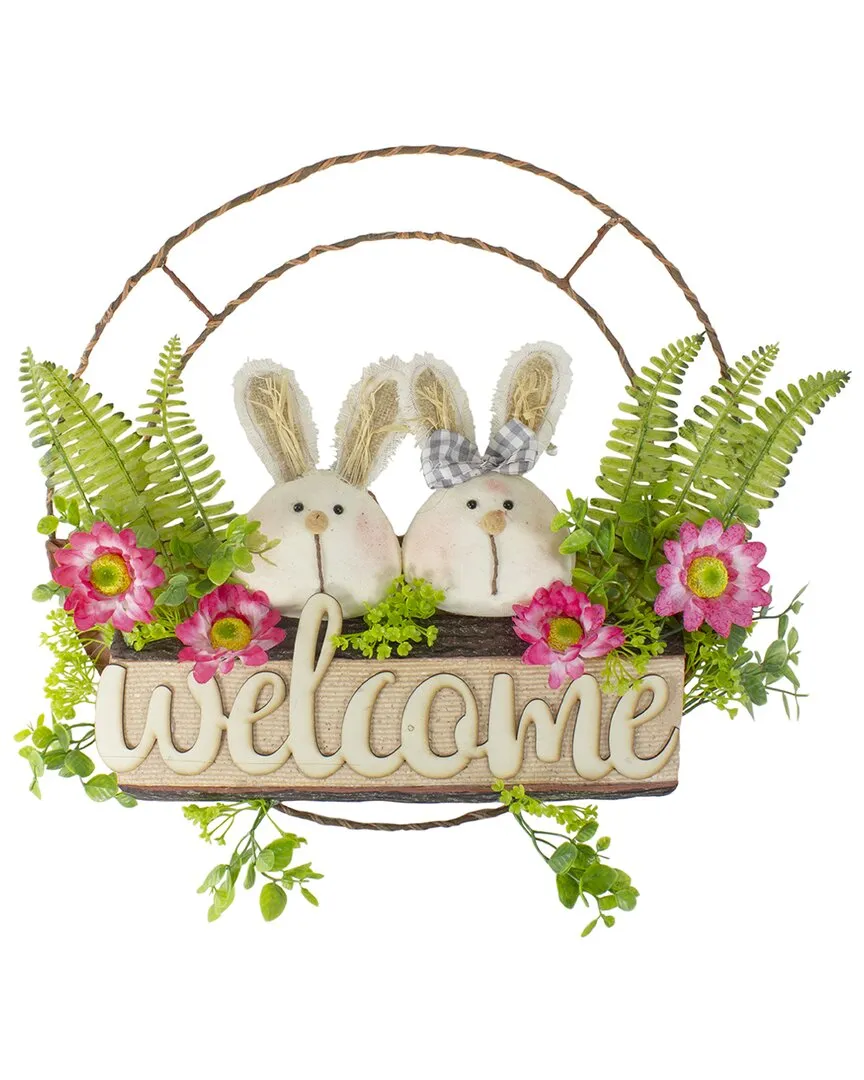 19in Rabbit Couple Artificial Floral Welcome Wreath - Green image